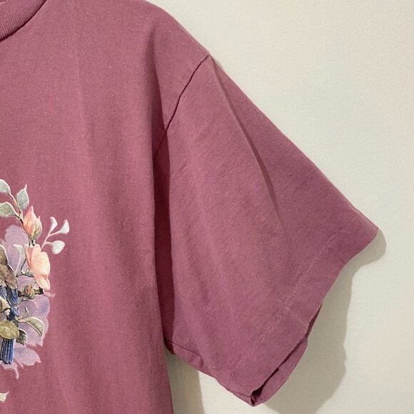 Vintage Graphic T-Shirt Floral Bird Design Purple Cottagecore 100% Cotton Boxy - Picture 4 of 8